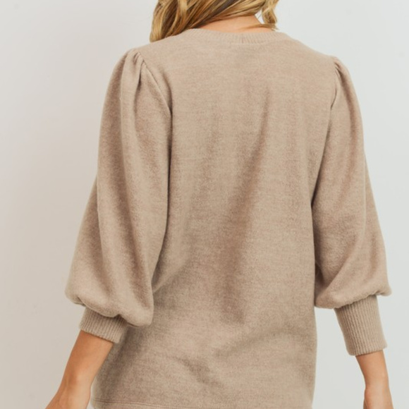 Wool Brush Puff Shoulder Soft Knit Sweater -Taupe - Picture 5 of 7